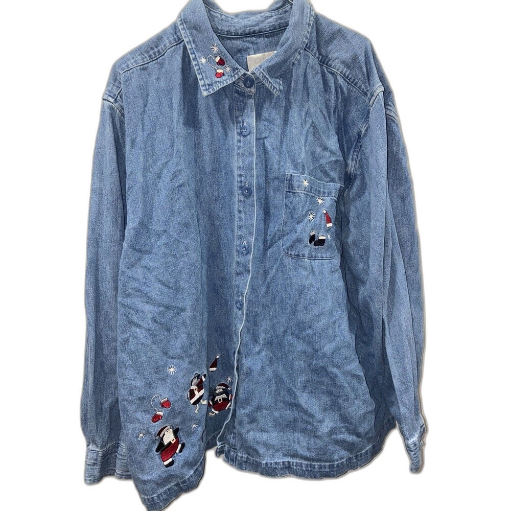 CJ Banks Christmas Santa Penguin Embroidered Denim Shirt 100% Cotton Button Down